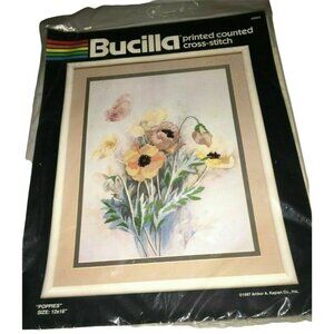 Bucilla 1987 Printed Counted Cross Stitch POPPIES Floral Bouquet #40089 Kit NOS